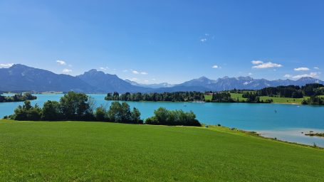 Grüne Wiese mit klarem See und Bergen im Hintergrund unter blauem Himmel.