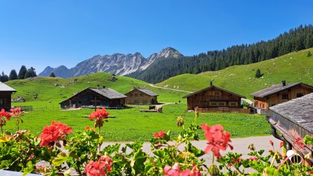 Alpenlandschaft mit traditionellen Hütten, grünen Wiesen und Bergen im Hintergrund.