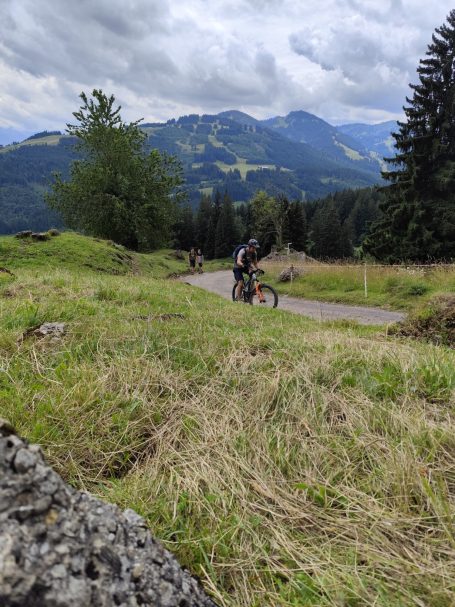 Radfahrer auf einem Weg mit grünen Wiesen und Bergen im Hintergrund.